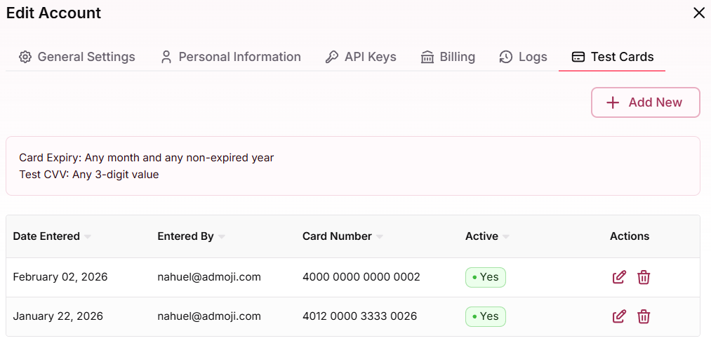 Test Cards tab in Account Settings for adding QA cards