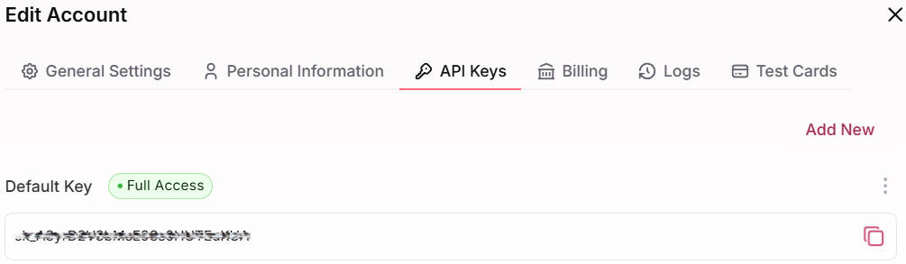 API Keys tab in Account Settings modal