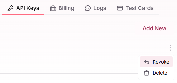 API key card with copy button and three-dot actions menu