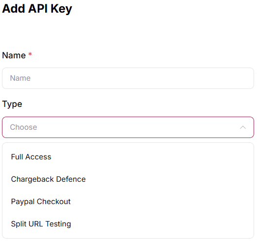 Add API Key form with Name and Type fields