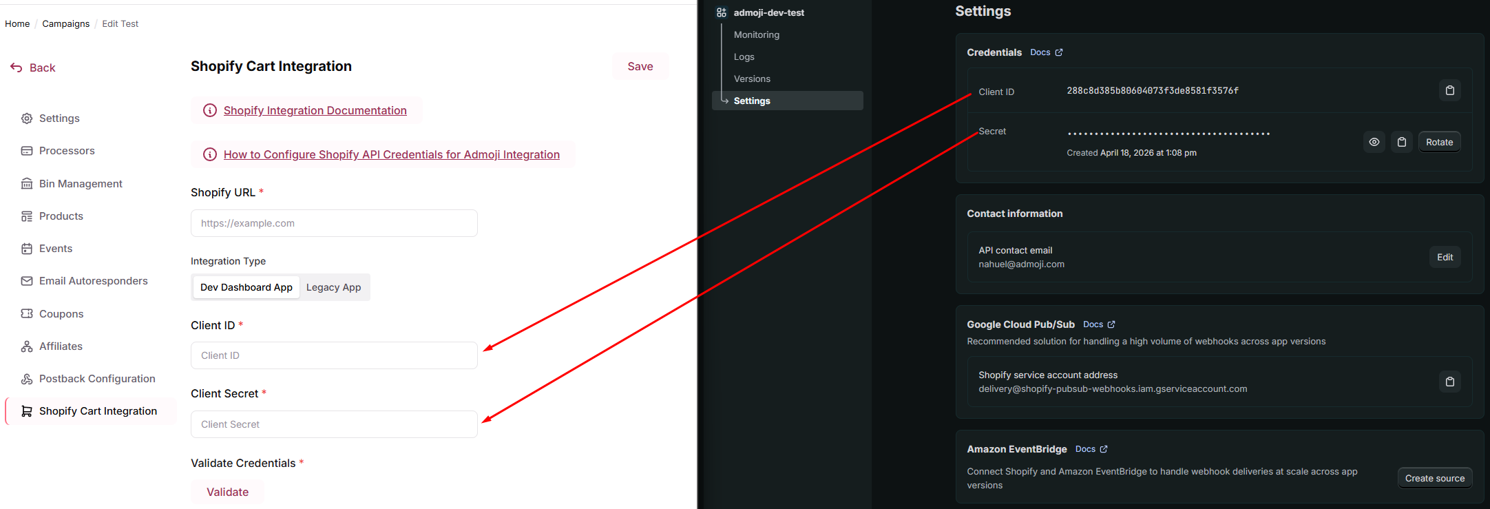 Configure and Validate Shopify Credentials