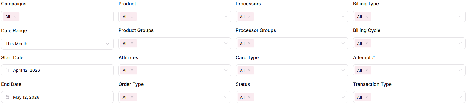 Billing Cycle, Attempt #, Affiliates, Processor Groups, Product Groups