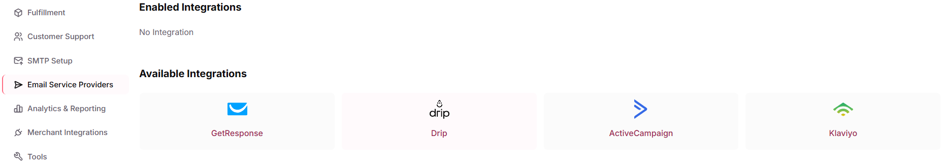 Email Service Providers interface with Drip selected