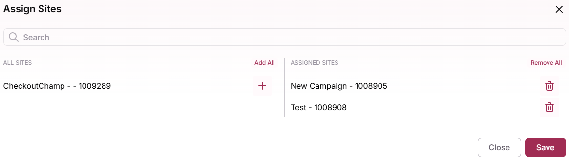 Assign Sites modal showing ALL SITES and ASSIGNED SITES panels