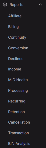 Reports navigation menu
