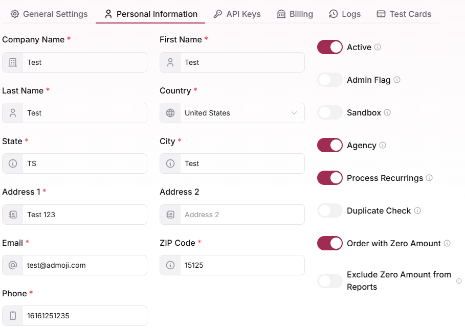 Settings — Personal Information tab