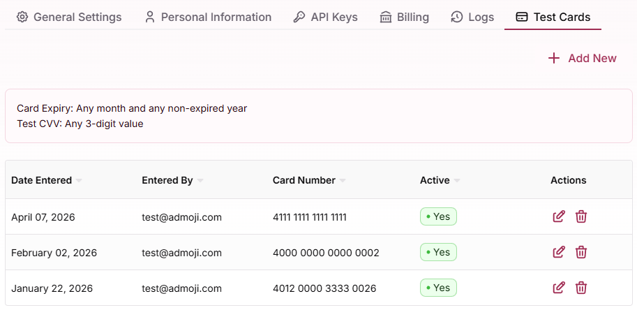 Settings — Test Cards tab