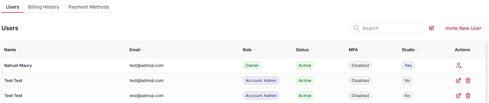 Settings — Users tab