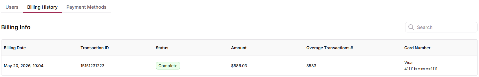 Settings — Billing History tab