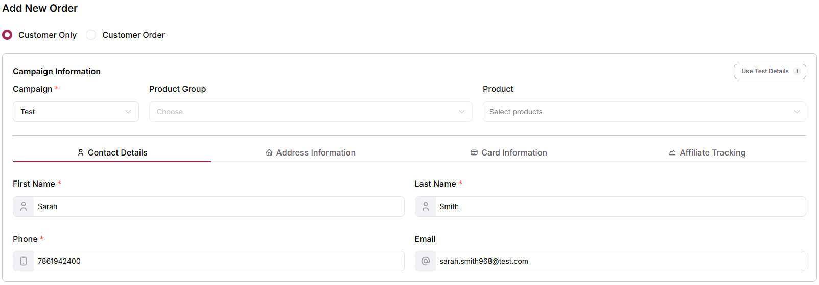 Add New Order form showing Customer Only and Customer Order options