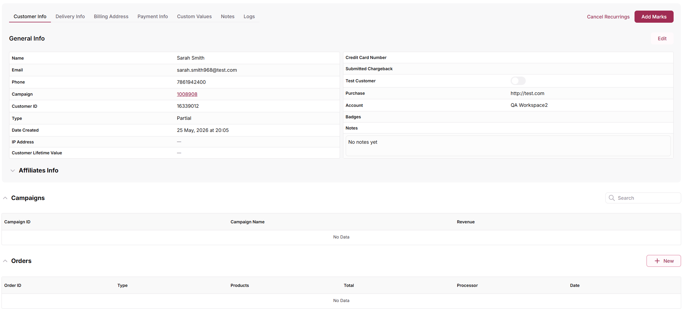 Orders section in customer profile with New transaction button