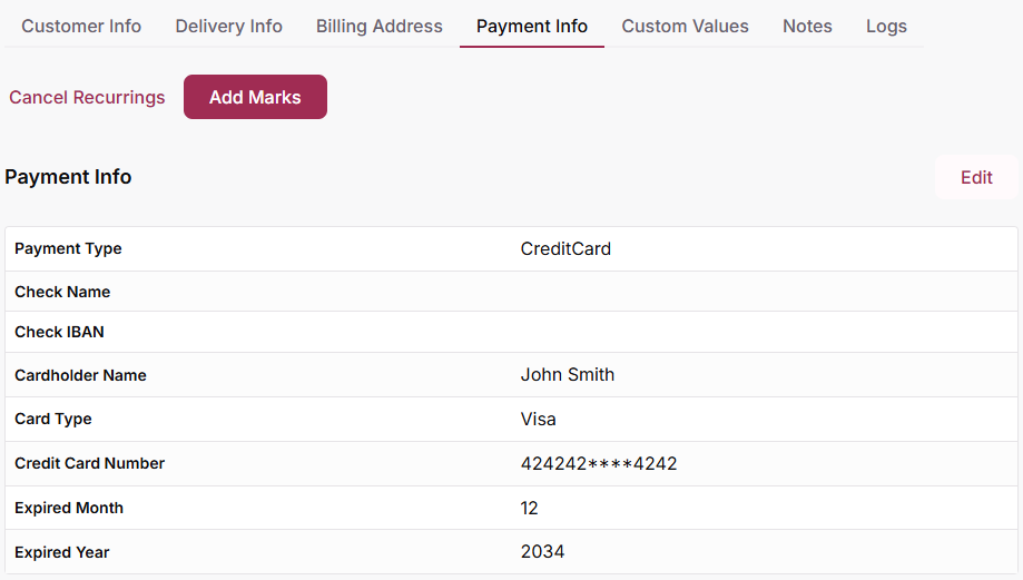 Payment information section in customer profile
