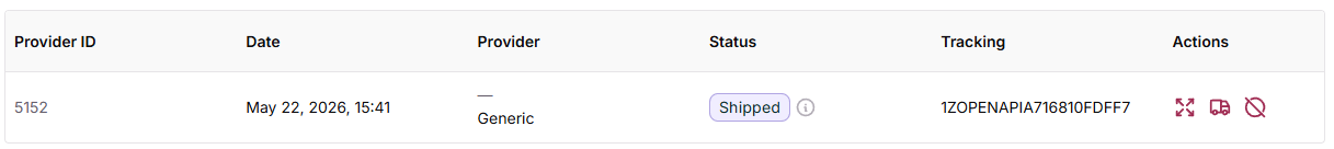 Fulfillment transaction list confirming live order sent