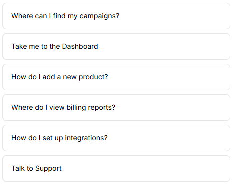 Sample questions panel in the Help Center chat