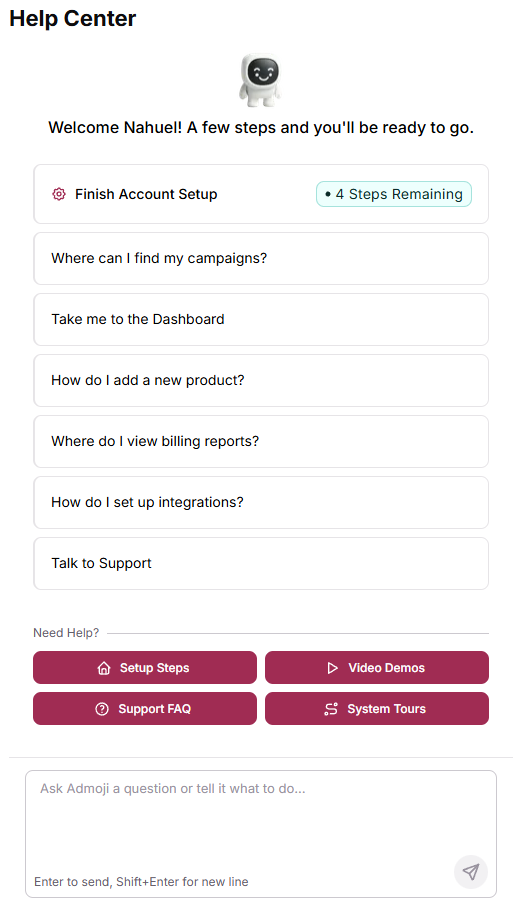 In-App Help Center panel open on the right side of the screen