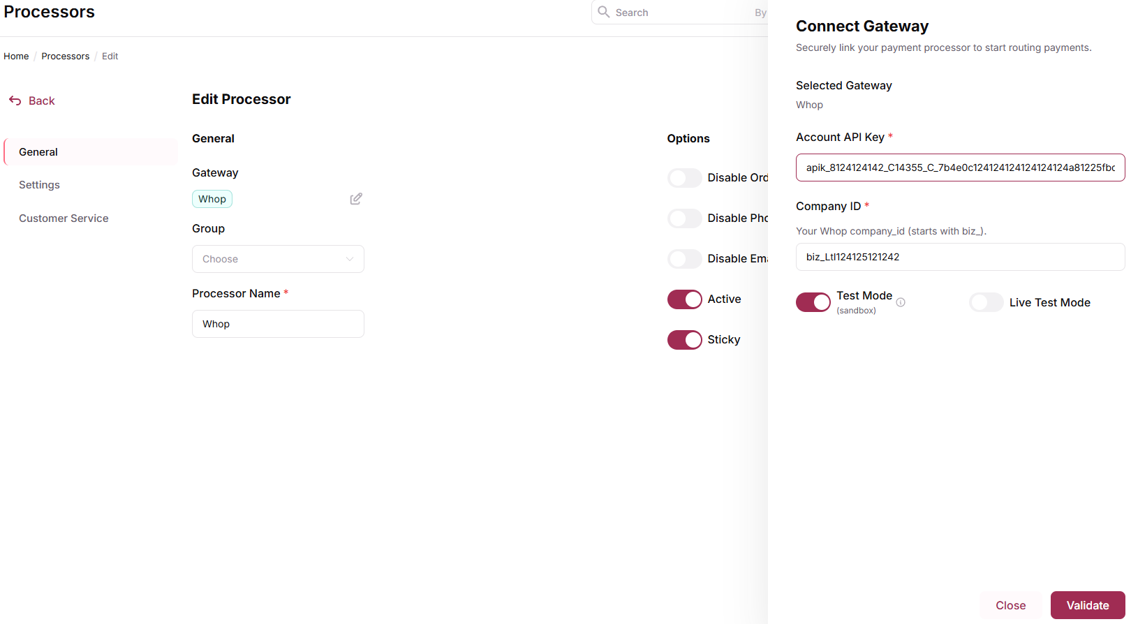 Whop credentials drawer with Account API Key and Company ID