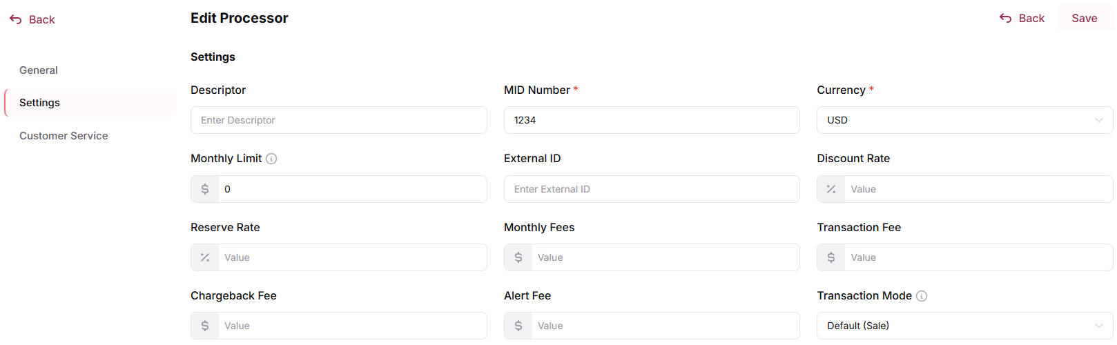 Processor Name, MID Number and Currency on the Settings tab