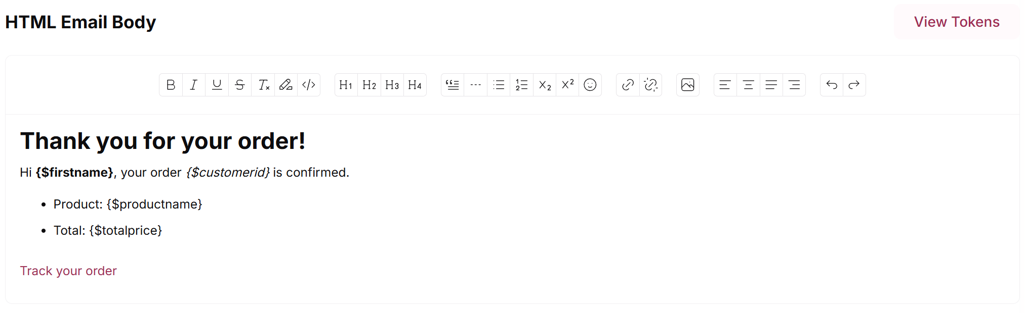HTML Email Body editor with the formatting toolbar