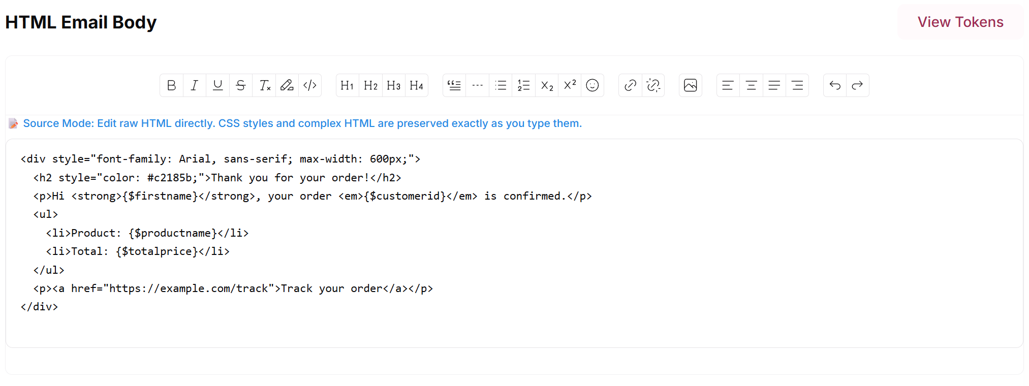 Editor in source view showing the raw HTML of the template