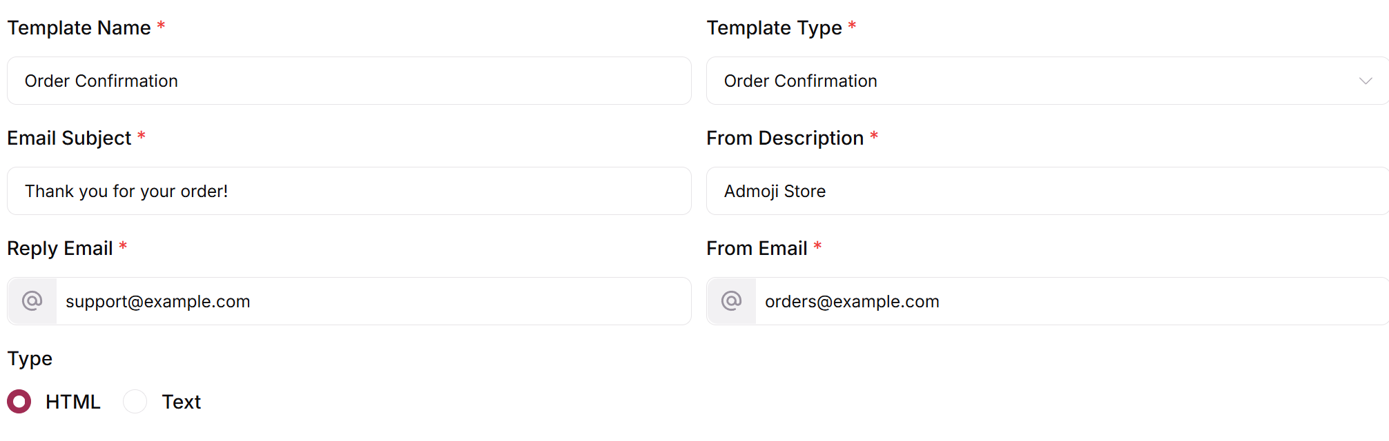 Add New Template form with the Type field set to HTML