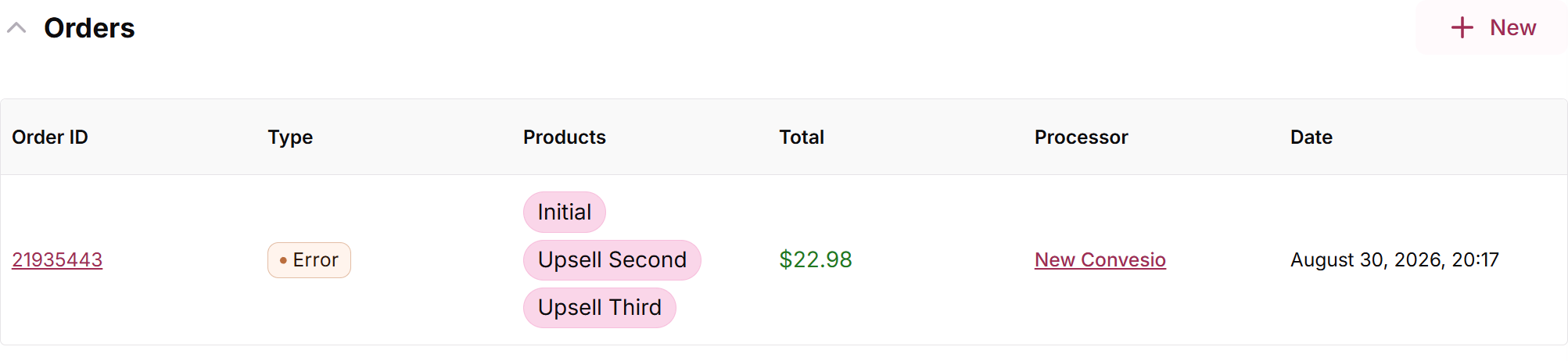 Orders section on the customer profile, with the order ID linked in the first column