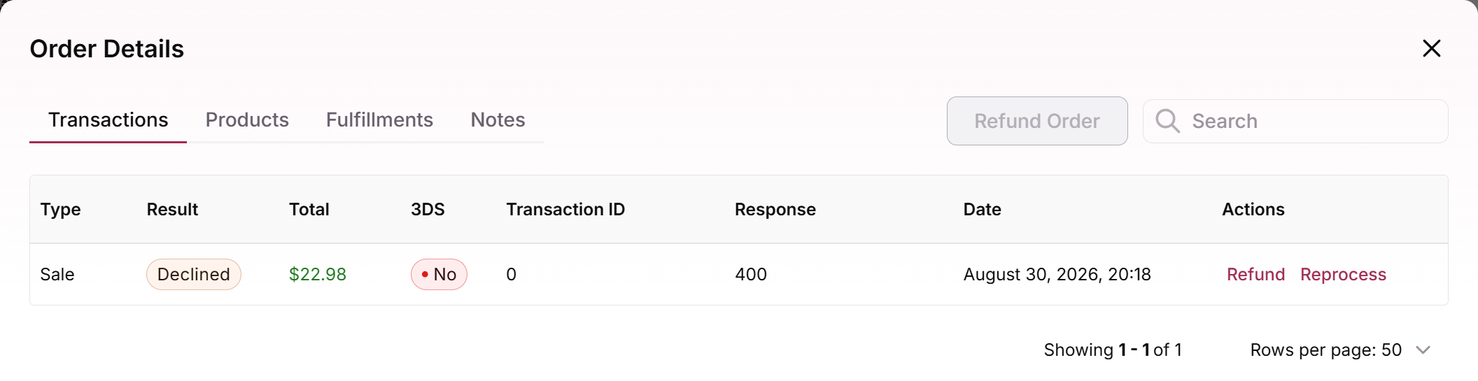 Order Details modal on the Transactions tab, showing a Declined result and the Reprocess link in the Actions column