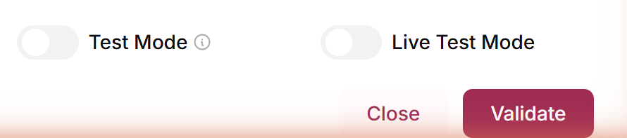 Bottom of the Connect Gateway drawer with the Test Mode and Live Test Mode toggles and the Validate button