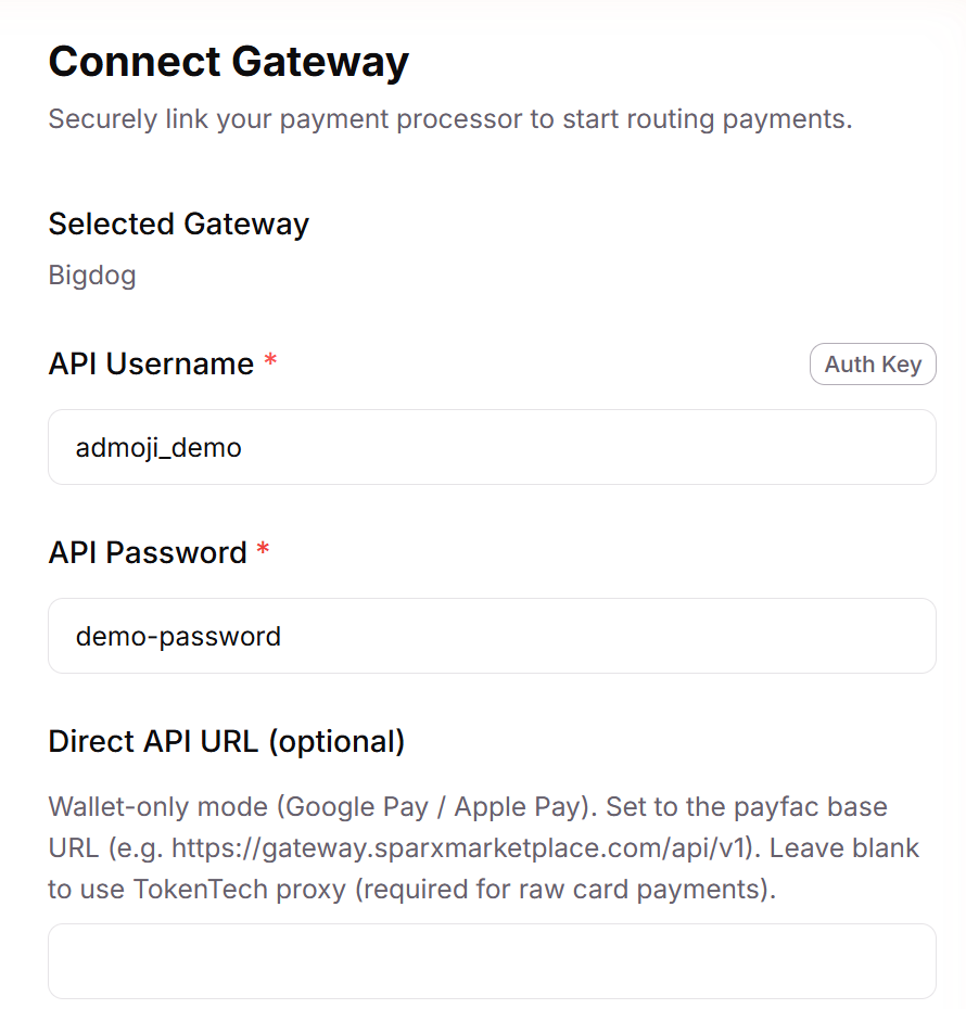 Connect Gateway drawer for Bigdog, showing the API Username field with the Auth Key button, API Password and Direct API URL