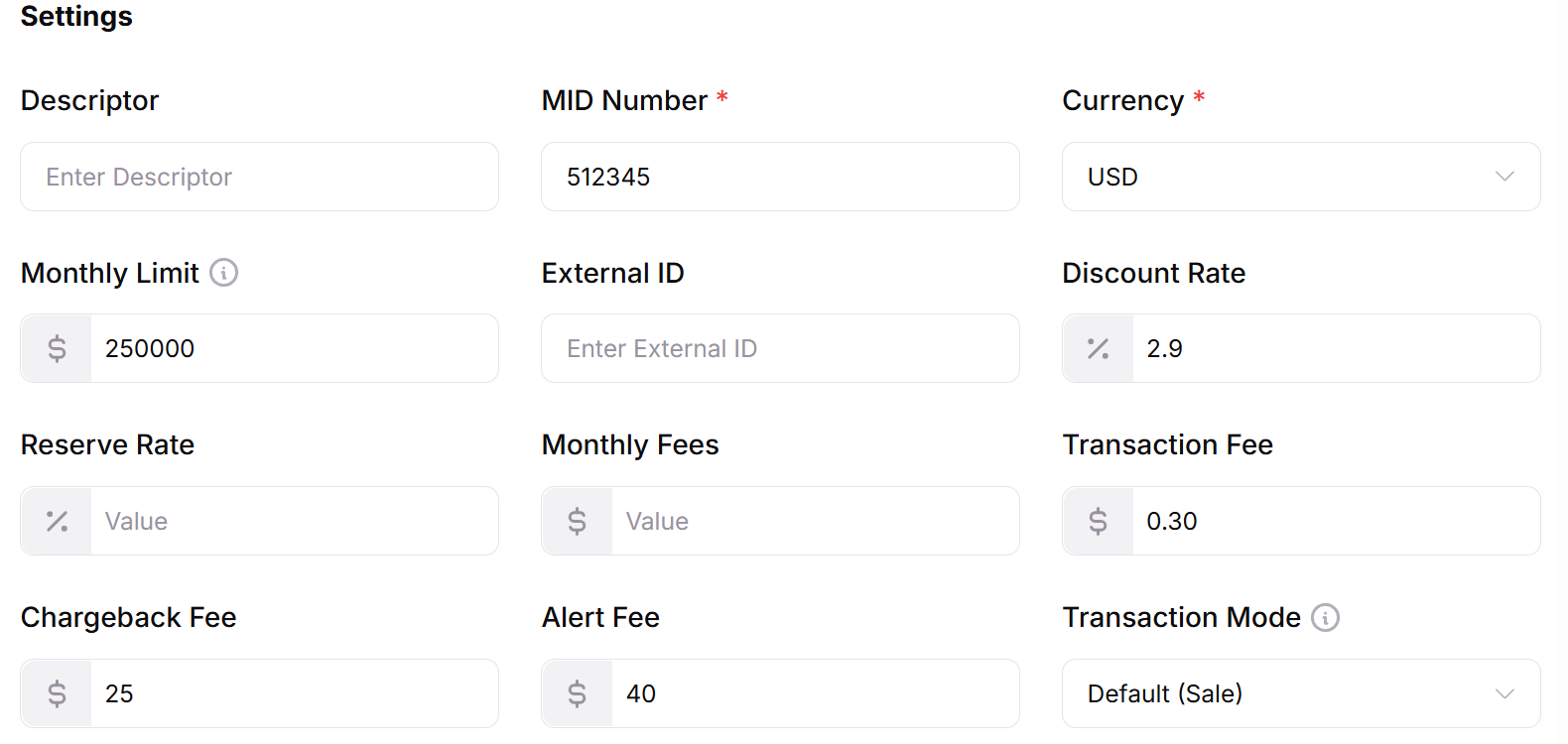 Settings tab of a processor, with MID Number and Currency filled in and the optional limit and fee fields below