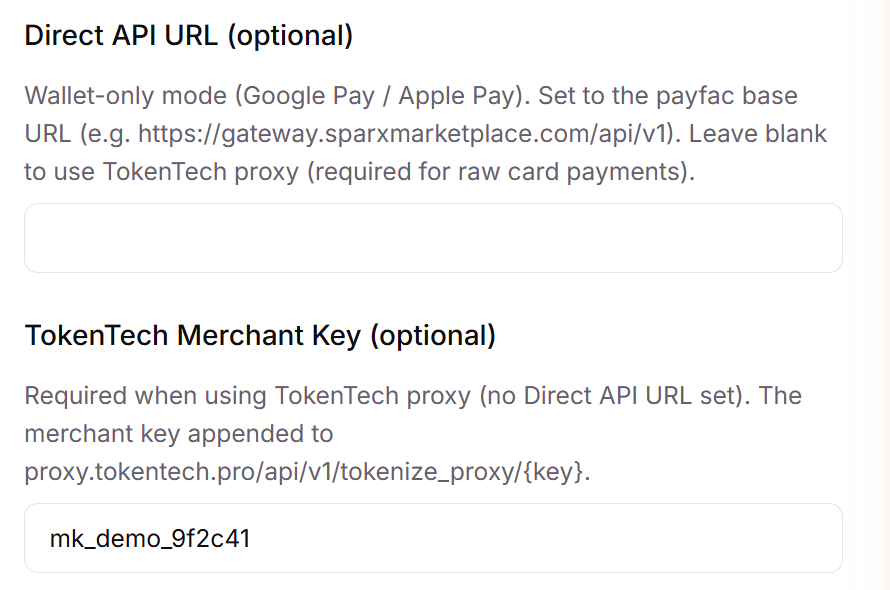 Direct API URL and TokenTech Merchant Key fields in the Connect Gateway drawer, with the helper text that decides the connection mode