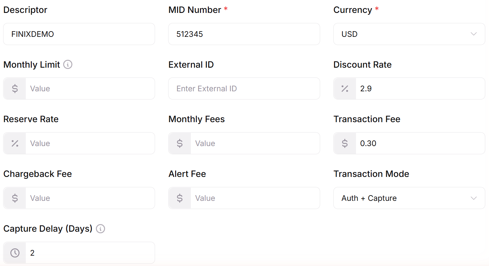 Settings tab with MID Number and Currency filled in and Transaction Mode set to Auth + Capture, which reveals the Capture Delay (Days) field