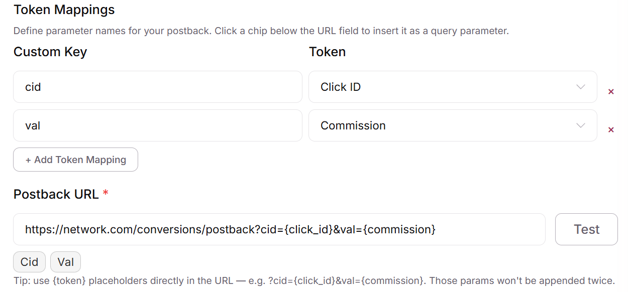 Token Mappings rows pairing the custom keys cid and val with the Click ID and Commission tokens, and the Postback URL field showing the matching {click_id} and {commission} placeholders with the cid and val chips below it