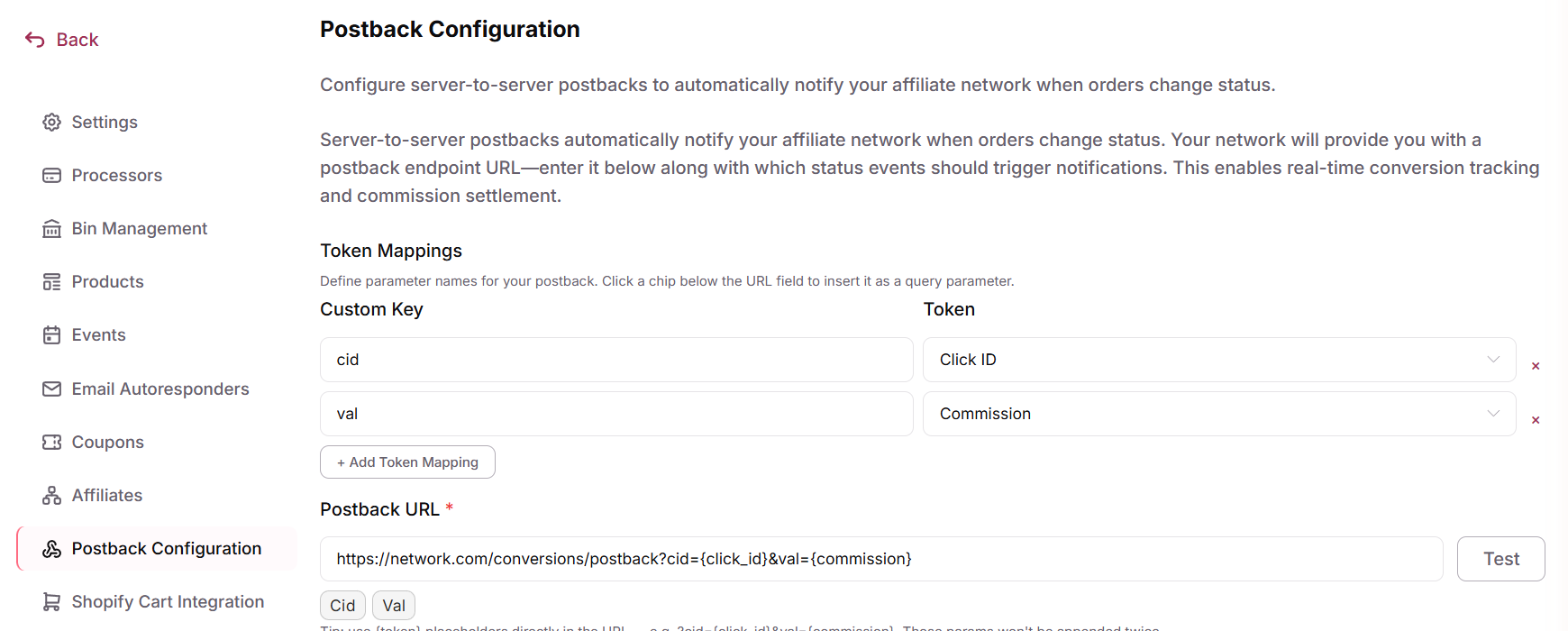 The Postback Configuration tab selected in the campaign side navigation, showing the postback settings screen with Token Mappings and the Postback URL field