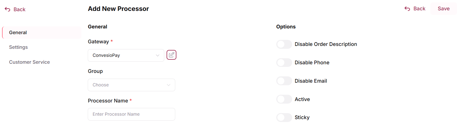Add New Processor General tab with ConvesioPay selected and the edit icon next to the Gateway