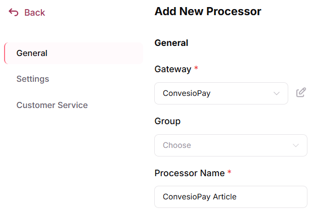 Processor Name entered on the General tab