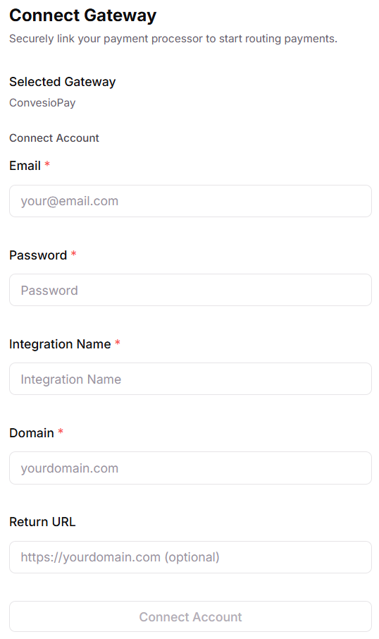 Connect Gateway drawer with the Connect Account fields for ConvesioPay
