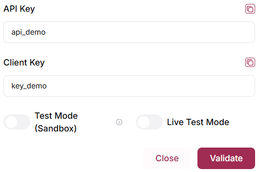 API Key and Client Key filled in, Test Mode and Live Test Mode toggles, and the Validate button