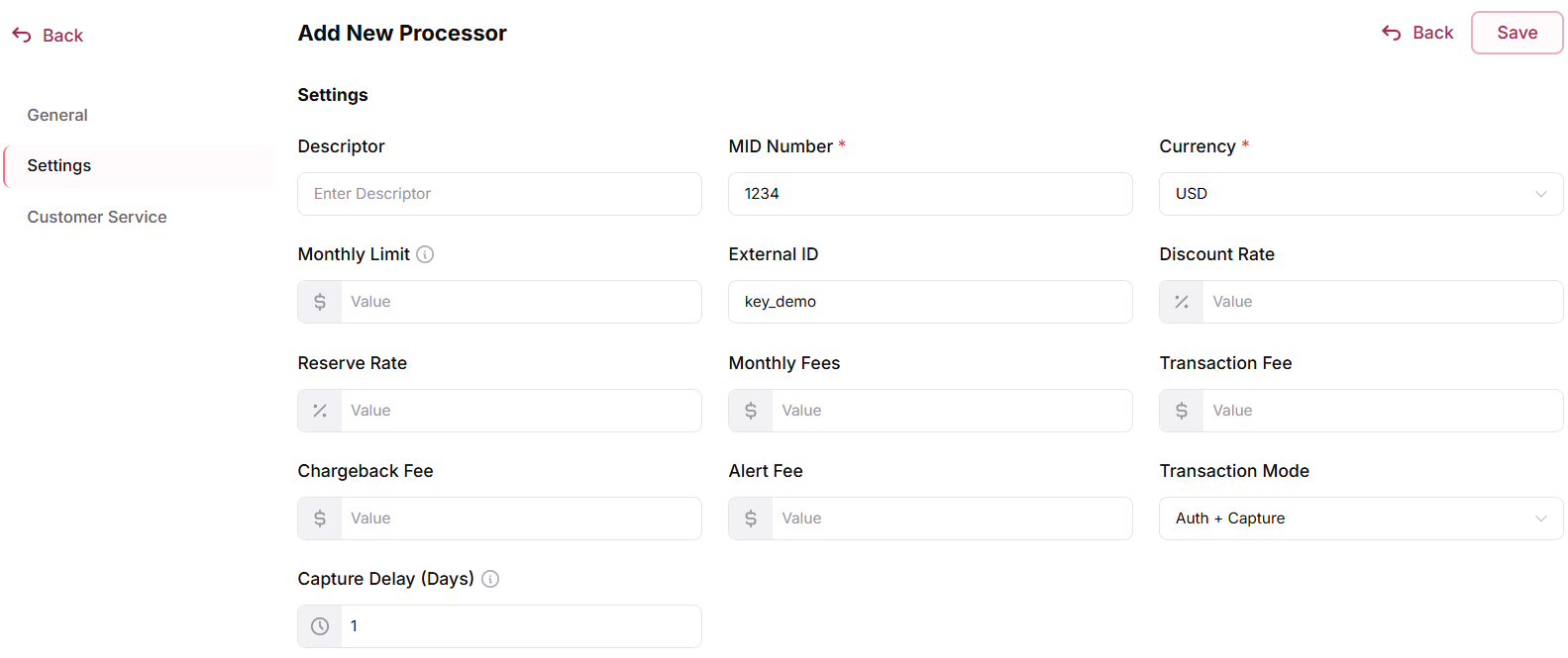 Settings tab with MID Number, Currency, Transaction Mode set to Auth + Capture and Capture Delay