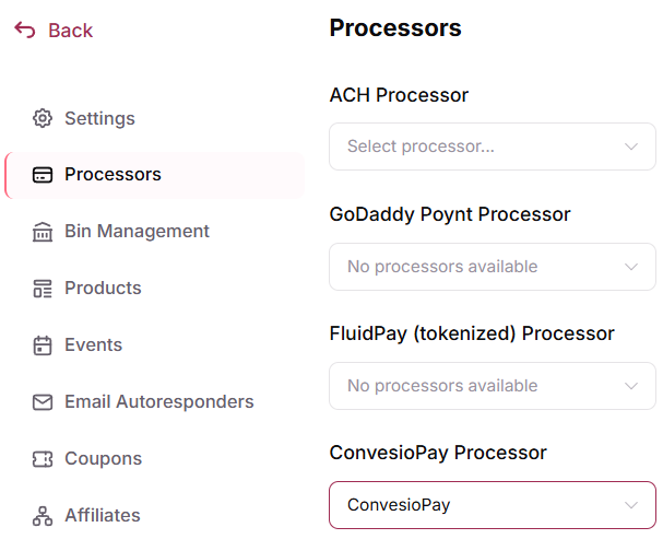 Campaign Processors tab with a processor selected under ConvesioPay Processor