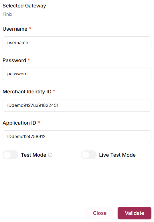 Finix credentials drawer with Username, Password, Merchant Identity ID and Application ID, the Test Mode and Live Test Mode toggles, and the Validate button