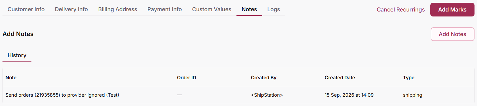 Customer Notes tab with the Add Notes button and the History table