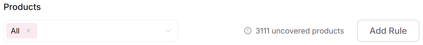 Merchants Management header with the uncovered products count next to the Add Rule button