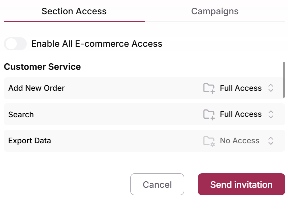 Section Access tab with the Enable All E-commerce Access toggle, Full Access or No Access per section, and the Send invitation button