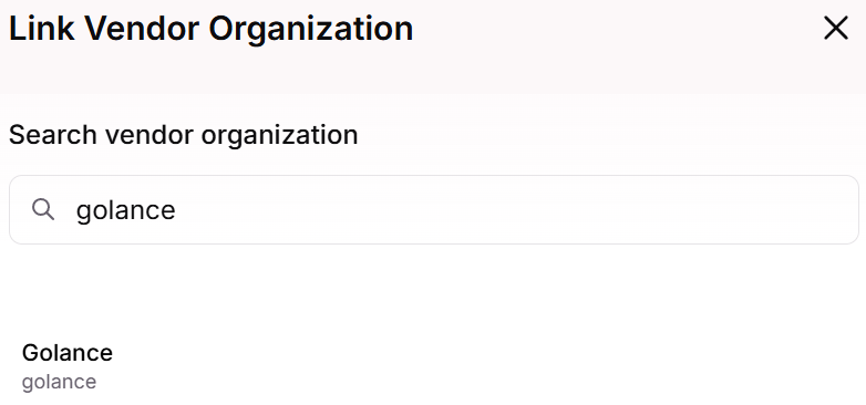Link Vendor Organization window with a search in the Search vendor organization field and a matching result