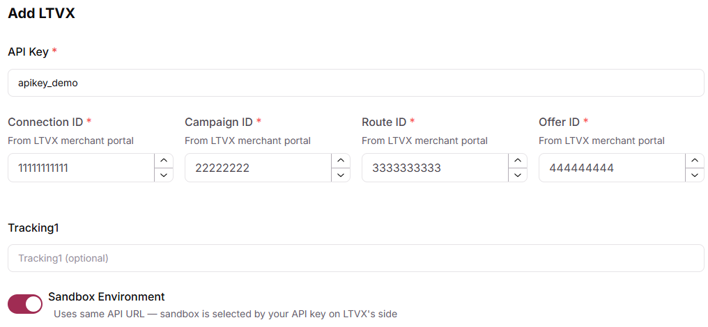 Add LTVX page with the API Key, Connection ID, Campaign ID, Route ID, Offer ID, Tracking1 and Sandbox Environment fields