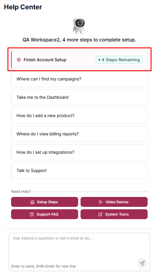 Help Center panel with the Finish Account Setup card and its Steps Remaining badge