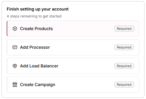 List of the four setup steps marked as Required