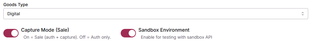 Goods Type dropdown with the Capture Mode (Sale) and Sandbox Environment toggles