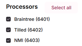 Processors list with the Select all button