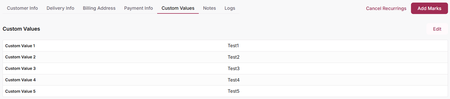Custom Values tab of a customer showing Custom Value 1 to Custom Value 5 and the Edit button